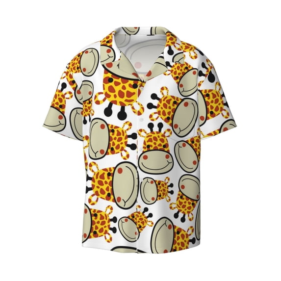 KLL Giraffes Head Print Men's Shirt Short Sleeve Button Down Summer Cuba Beach Shirts- XX-Large