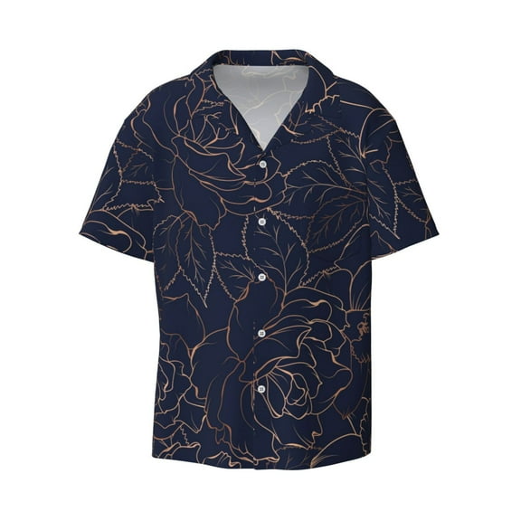KLL Gloss Outline Navy Dark Blue Print Men's Shirt Short Sleeve Button Down Summer Cuba Beach Shirts- Small