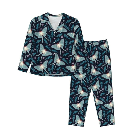 KLL Glowing Butterfly Print Women's Long Sleeve Pajamas with Pants Sleepwear Loungewear 2 Set-Medium