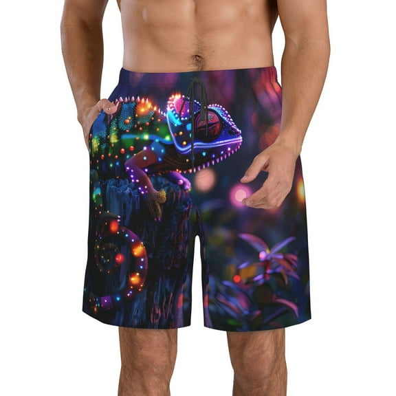 KLL Glowing Chameleon Fantasy Art Men's Casual Summer Beach Shorts Hawaiian Shorts with Pockets-XX-Large