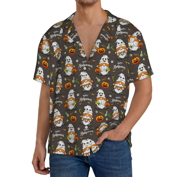 KLL Gnome And Pumpkin Print Men's Shirt Short Sleeve Button Down Summer Cuba Beach Shirts- XX-Large