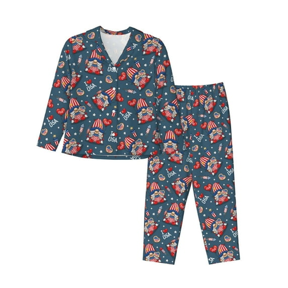 KLL Gnome Love USA Print Women's Long Sleeve Pajamas with Pants Sleepwear Loungewear 2 Set-Small