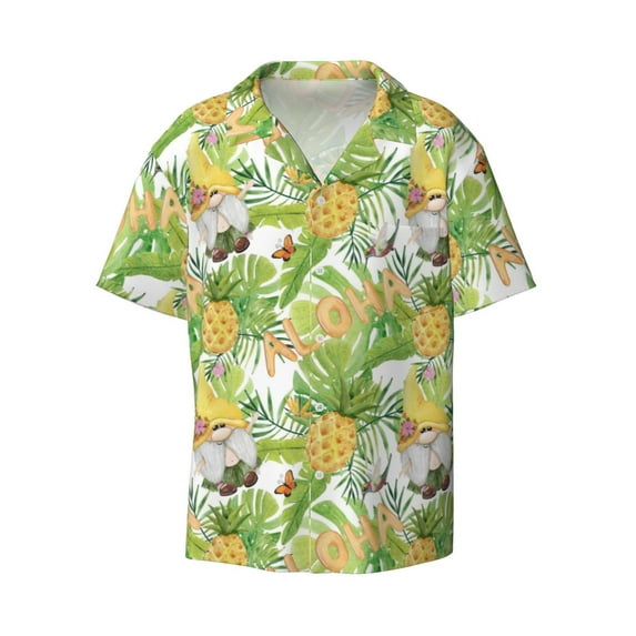 KLL Gnome and Pineapple Print Men's Shirt Short Sleeve Button Down Summer Cuba Beach Shirts- XX-Large