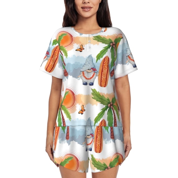KLL Gnome and Surfing Print Pajama Set for Women Short Sleeve Sleepwear Pjs Soft 2 Piece Lounge Sleepwear Sets-Medium