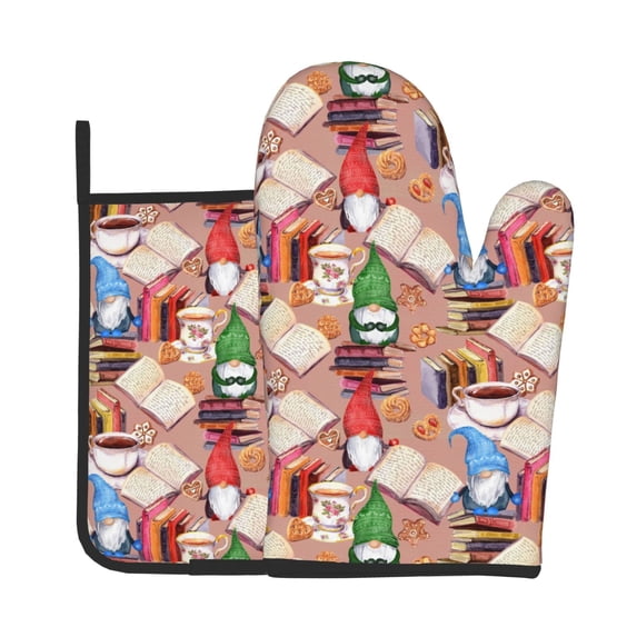 KLL Gnomes Books Tea Cups Pattern Oven Mitts and Pot Holders 2pcs Sets for Kitchen, Oven Mitt Heat Resistant 536°F, Oven Gloves for Kitchen,Cooking and Baking