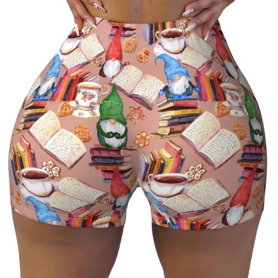 KLL Gnomes Books Tea Cups Pattern Workout Shorts for Women Scrunch Short Gym Yoga Running Sport Active Exercise Fitness Shorts