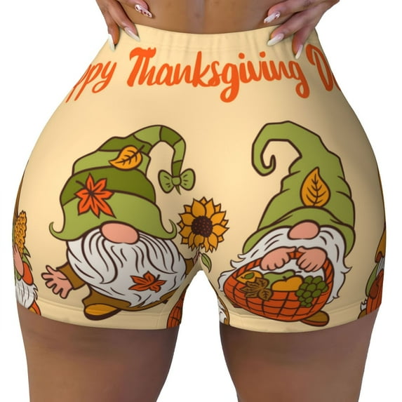 KLL Gnomes Happy Thanksgiving Pattern Workout Shorts for Women Scrunch Short Gym Yoga Running Sport Active Exercise Fitness Shorts