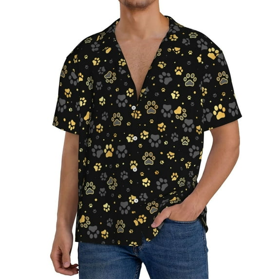 KLL Gold Dog Paw Print Men's Shirt Short Sleeve Button Down Summer Cuba Beach Shirts- XX-Large