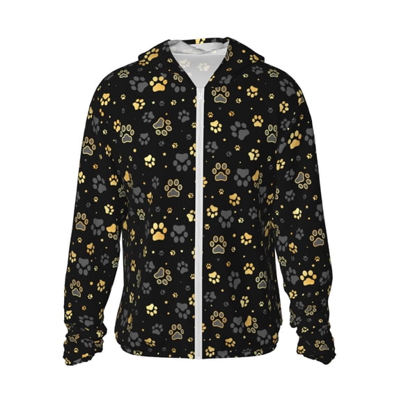 KLL Gold Dog Paw Print Men's Women’s UPF 50+ Sun Protection Outdoor Hoodie Jacket Long Sleeve Fishing Hiking Performance Shirt- Medium