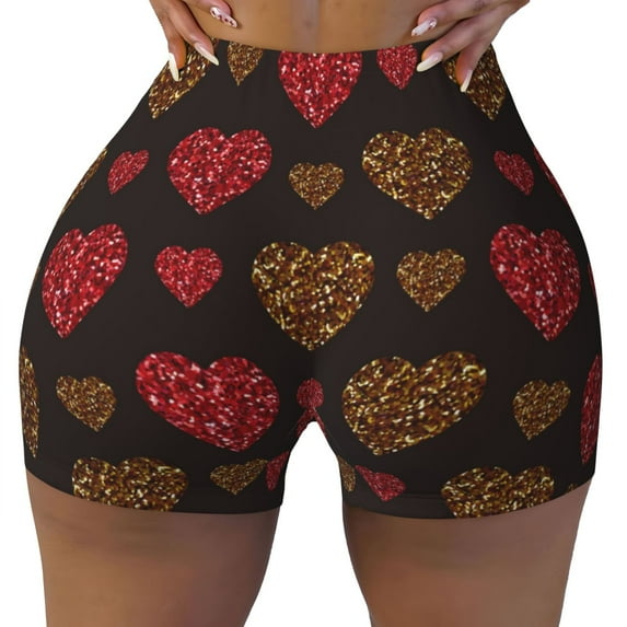 KLL Gold Glitter Heart Pattern Workout Shorts for Women Scrunch Short Gym Yoga Running Sport Active Exercise Fitness Shorts