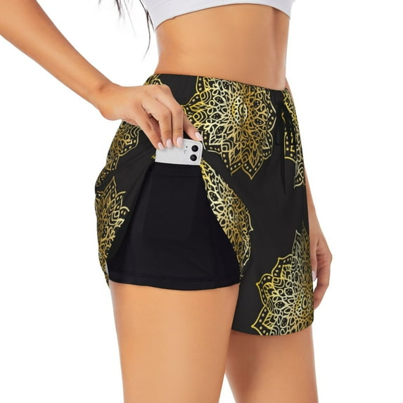 KLL Gold Mandala Pattern Shorts Women,Athletic Shorts High Waisted Running Shorts Pocket Sporty Short Gym Elastic Workout Shorts-Large