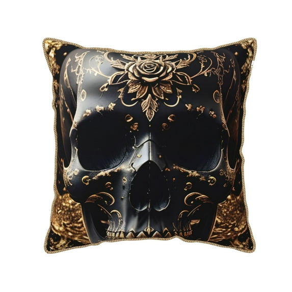 KLL Gold Pattern Black Skull Decorative Throw Pillow Covers Velvet Soft for Couch Sofa Bedroom Living Room Outdoor (No pillow core)- 18"x18"