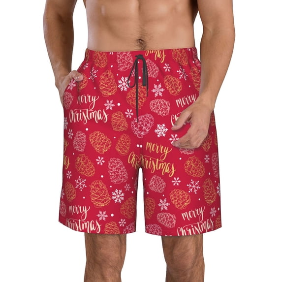 KLL Gold Pinecone Merry Christmas A Men's Casual Summer Beach Shorts Hawaiian Shorts with Pockets-3X-Large