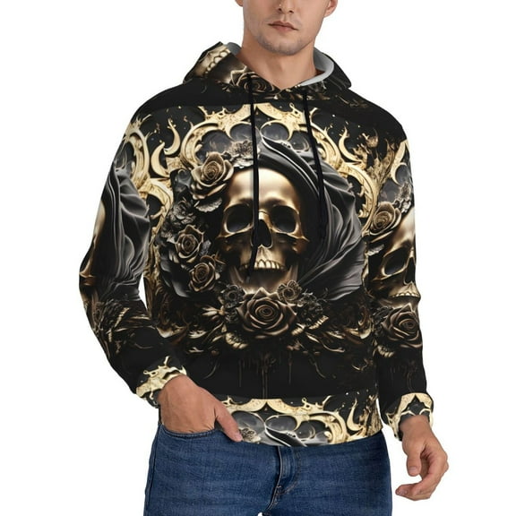 KLL Gold Rose Skull Print Mens Hoodie Long Sleeve Casual Pullover Hooded Sweatshirt Fashion Drawstring Hoodies with Pocket-XX-Large