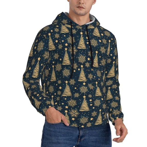 KLL Gold Snowflake Christmas Tree Print Mens Hoodie Long Sleeve Casual Pullover Hooded Sweatshirt Fashion Drawstring Hoodies with Pocket-3X-Large