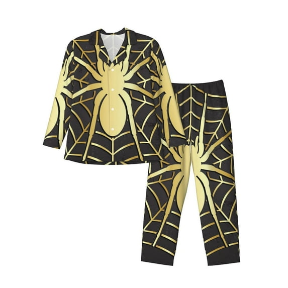 KLL Gold Spider On The Web Sleepwear Mens Flannel Pajamas,Long Cotton Pj Set