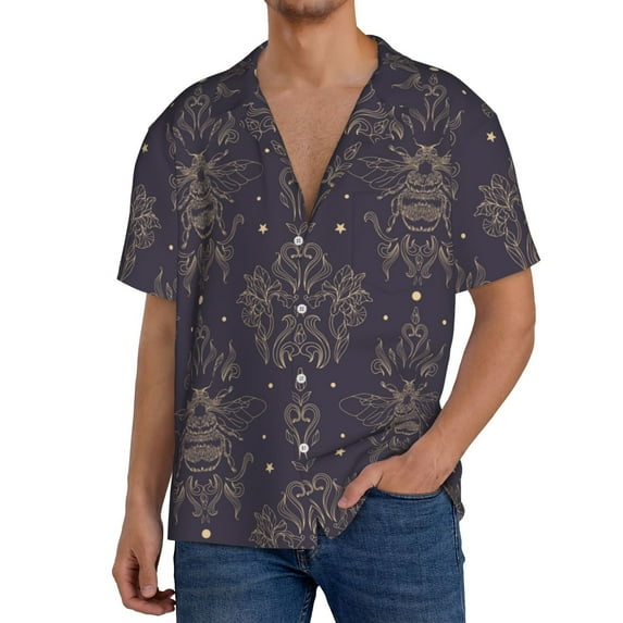 KLL Golden Bumblebee Print Men's Shirt Short Sleeve Button Down Summer Cuba Beach Shirts- X-Large