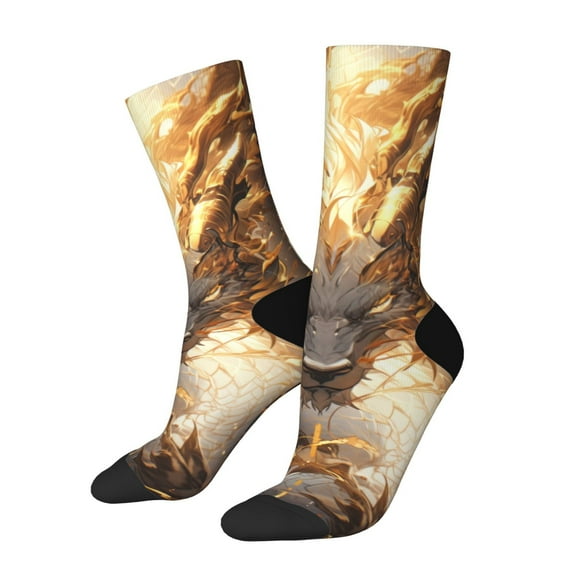 KLL Golden Horned White Dragon Print Cool Socks Men's Women's Crew Socks Funny Crazy Novelty Stockings