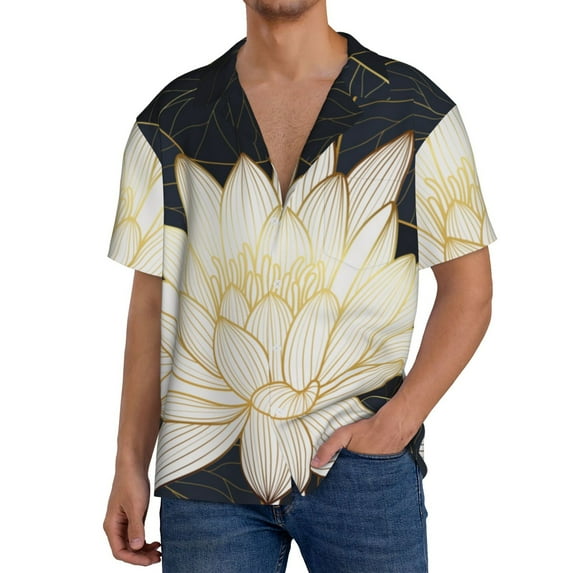 KLL Golden Lotus Print Men's Shirt Short Sleeve Button Down Summer Cuba Beach Shirts- Large