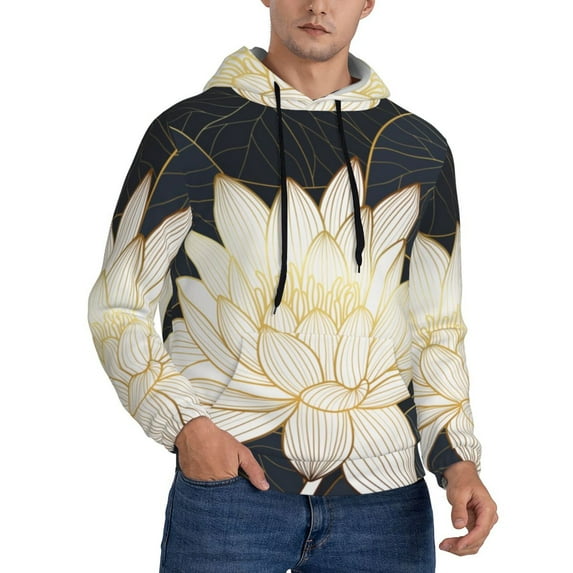 KLL Golden Lotus Print Mens Hoodie Long Sleeve Casual Pullover Hooded Sweatshirt Fashion Drawstring Hoodies with Pocket-4X-Large