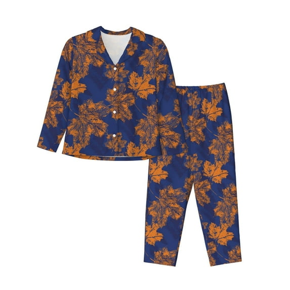 KLL Golden Maple on Navy Blue Print Women's Long Sleeve Pajamas with Pants Sleepwear Loungewear 2 Set-Large