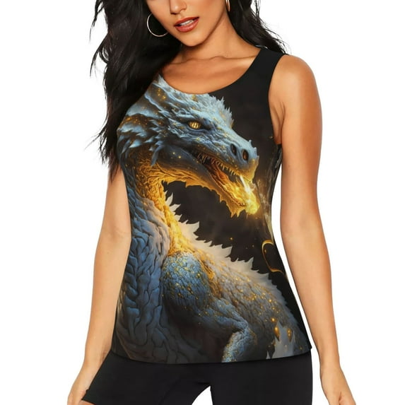 KLL Golden White Fire Dragon Print Womens Tank Top Sleeveless Workout Tops Athletic Running Shirts Yoga Gym Clothes-Small