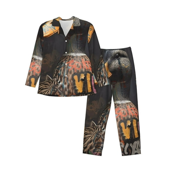 KLL Graffiti Cool Duck Sleepwear Mens Flannel Pajamas,Long Cotton Pj Set