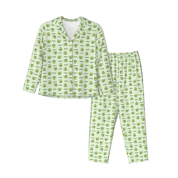 KLL Green Avocado Print Women's Long Sleeve Pajamas with Pants Sleepwear Loungewear 2 Set-X-Large