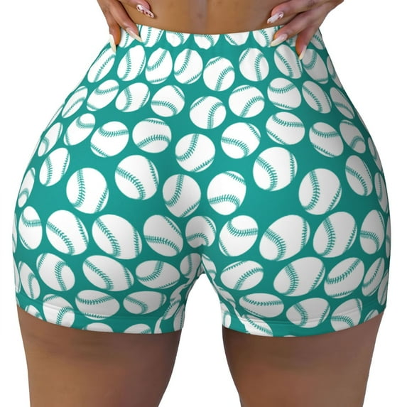 KLL Green Baseball Pattern Workout Shorts for Women Scrunch Short Gym Yoga Running Sport Active Exercise Fitness Shorts