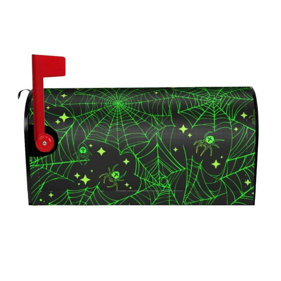 KLL Green Bright Web with Spiders Pattern Mailbox Covers,Magnetic Mailbox Waterproof Post Box Cover Post Letter Box Cover Decorations Standard Size-25.5x21 in