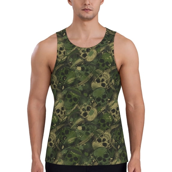 KLL Green Camouflage Skull Print Men's Muscle Gym Workout Stringer Tank Tops Bodybuilding Fitness T-Shirts Tank Tops Men-3X-Large