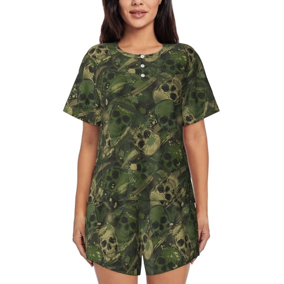 KLL Green Camouflage Skull Print Pajama Set for Women Short Sleeve Sleepwear Pjs Soft 2 Piece Lounge Sleepwear Sets-3X-Large