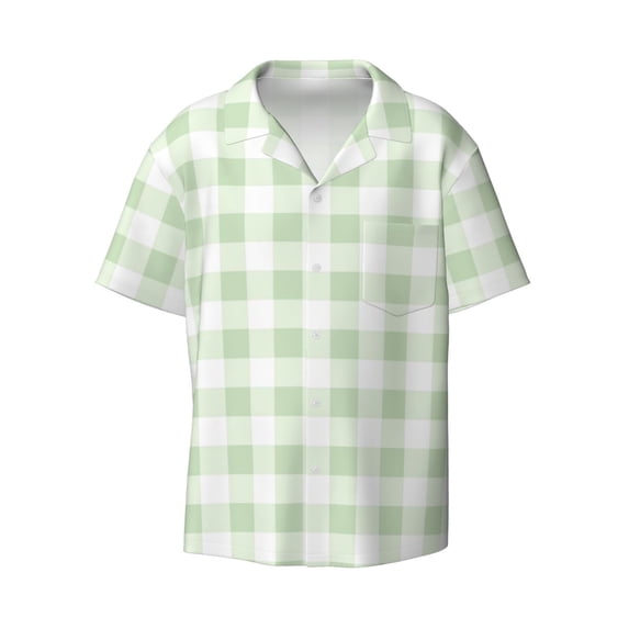 KLL Green Checkboard Print Men's Shirt Short Sleeve Button Down Summer Cuba Beach Shirts- 3X-Large