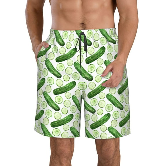 KLL Green Cucumber1 Men's Casual Summer Beach Shorts Hawaiian Shorts with Pockets-Medium