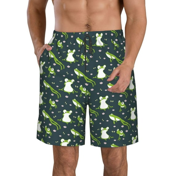 KLL Green Frogs Men's Casual Summer Beach Shorts Hawaiian Shorts with Pockets-Medium