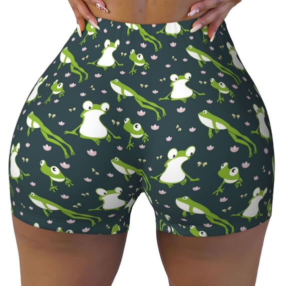 KLL Green Frogs Pattern Workout Shorts for Women Scrunch Short Gym Yoga Running Sport Active Exercise Fitness Shorts