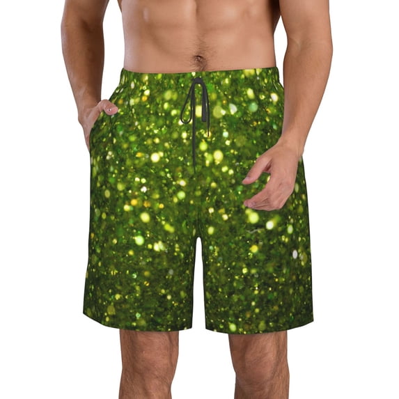 KLL Green Glitter Sparkle Men's Casual Summer Beach Shorts Hawaiian Shorts with Pockets-Medium