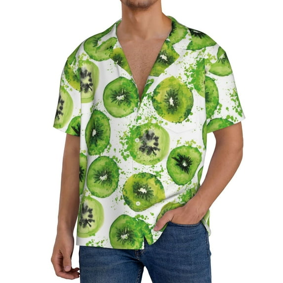 KLL Green Kiwi Print Men's Shirt Short Sleeve Button Down Summer Cuba Beach Shirts- X-Large
