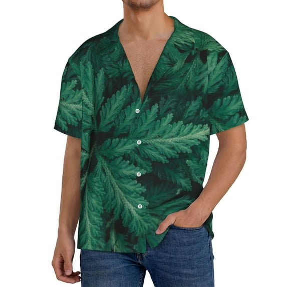 KLL Green Leave Fern Print Men's Shirt Short Sleeve Button Down Summer Cuba Beach Shirts- Large
