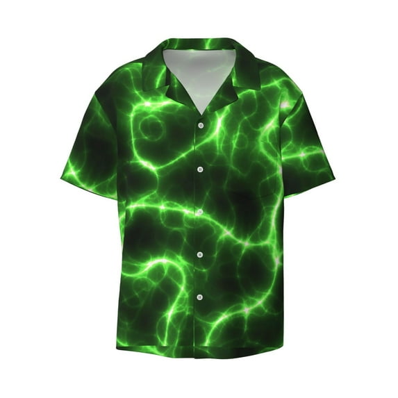 KLL Green Lightning Print Men's Shirt Short Sleeve Button Down Summer Cuba Beach Shirts- 4X-Large