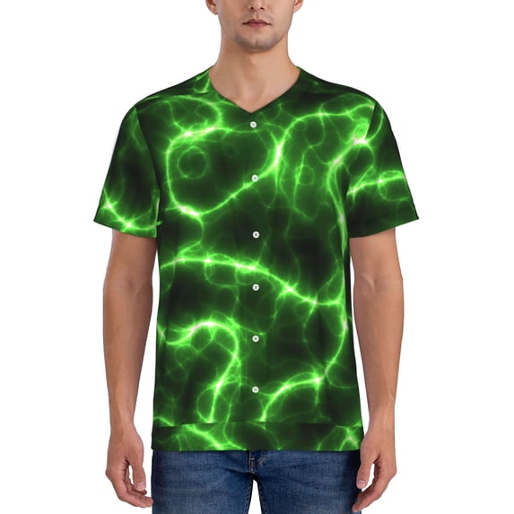 KLL Green Lightning for Men's Baseball Shirts,Short Sleeve Casual Shirts Button Down Shirt for Men Beach Summer Wedding Shirt-XX-Large