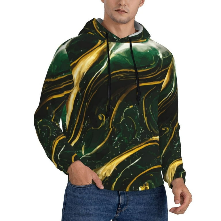 KLL Green Marble Print Mens Hoodie Long Sleeve Casual Pullover Hooded Sweatshirt Fashion Drawstring Hoodies with Pocket Large Walmart