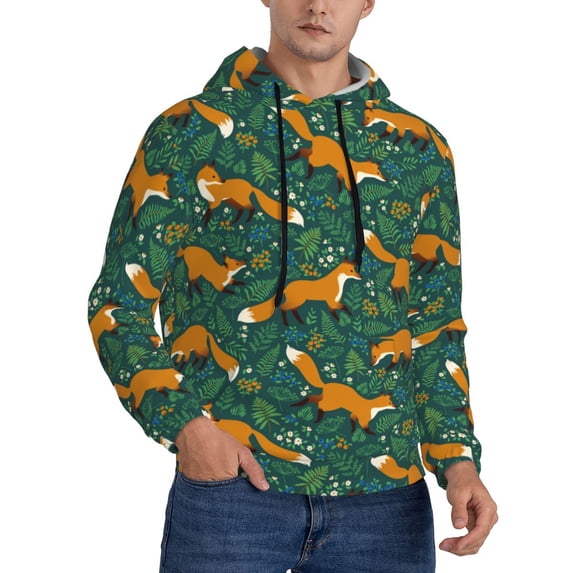 KLL Green Plants with Fox Print Mens Hoodie Long Sleeve Casual Pullover Hooded Sweatshirt Fashion Drawstring Hoodies with Pocket-Medium