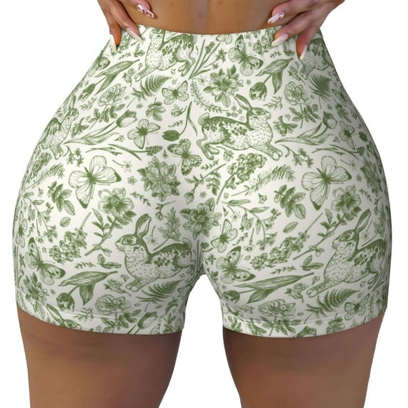 KLL Green Rabbit Pattern Workout Shorts for Women Scrunch Short Gym Yoga Running Sport Active Exercise Fitness Shorts