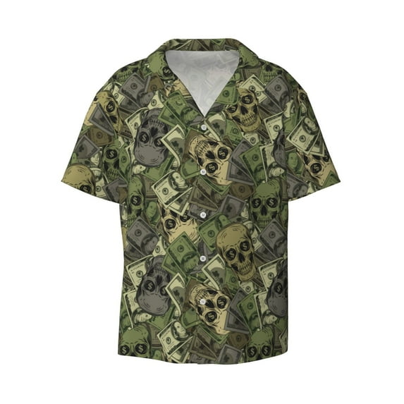 KLL Green Skulls Print Men's Shirt Short Sleeve Button Down Summer Cuba Beach Shirts- 4X-Large