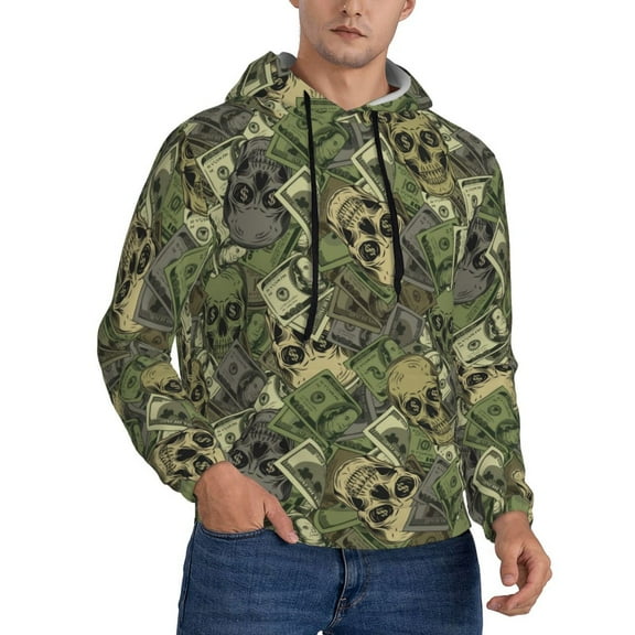 KLL Green Skulls Print Mens Hoodie Long Sleeve Casual Pullover Hooded Sweatshirt Fashion Drawstring Hoodies with Pocket-XX-Large