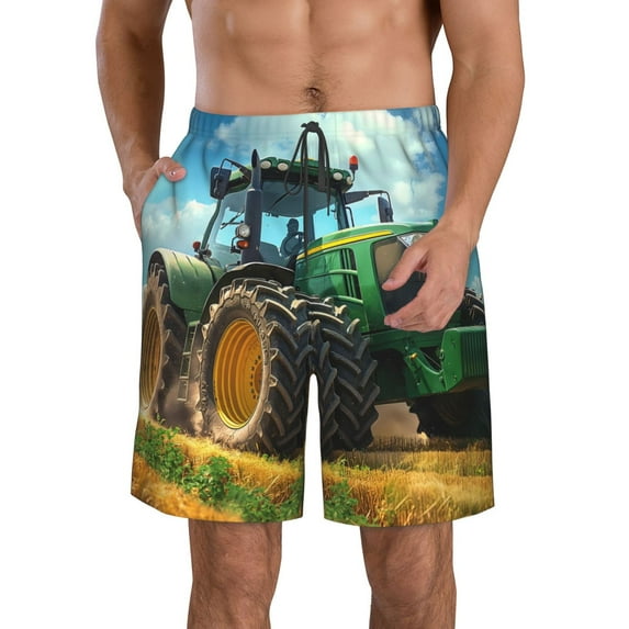 KLL Green Tractor Field Men's Casual Summer Beach Shorts Hawaiian Shorts with Pockets-XX-Large