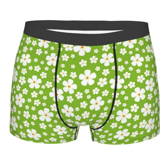 KLL Green White Flowers Men's Cotton Boxer Briefs Underwear-Small