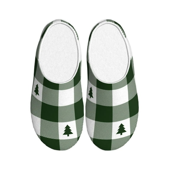 KLL Green White Lumberjack Plaid Pattern Adult Unisex Cozy Slippers,Fuzzy Slip-on Slippers TPR Sole Slippers Comfort Plush Home Footwear for Indoor & Outdoor-46/47
