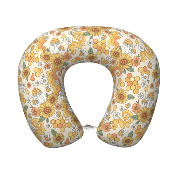 KLL Groovy Hippie Flower Mushrooms Pattern Memory Foam Cervical Neck Pillow Versatile U-Shaped Pillows for Home/Office/Camping/Travelling/Soft Washable Cover